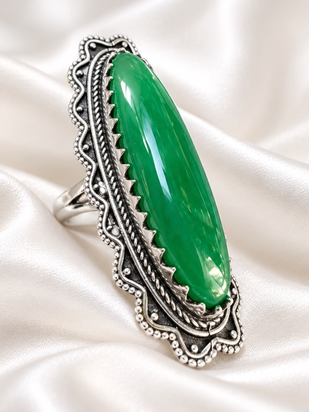 Silver Statement Ring with Green Cabochon Stone